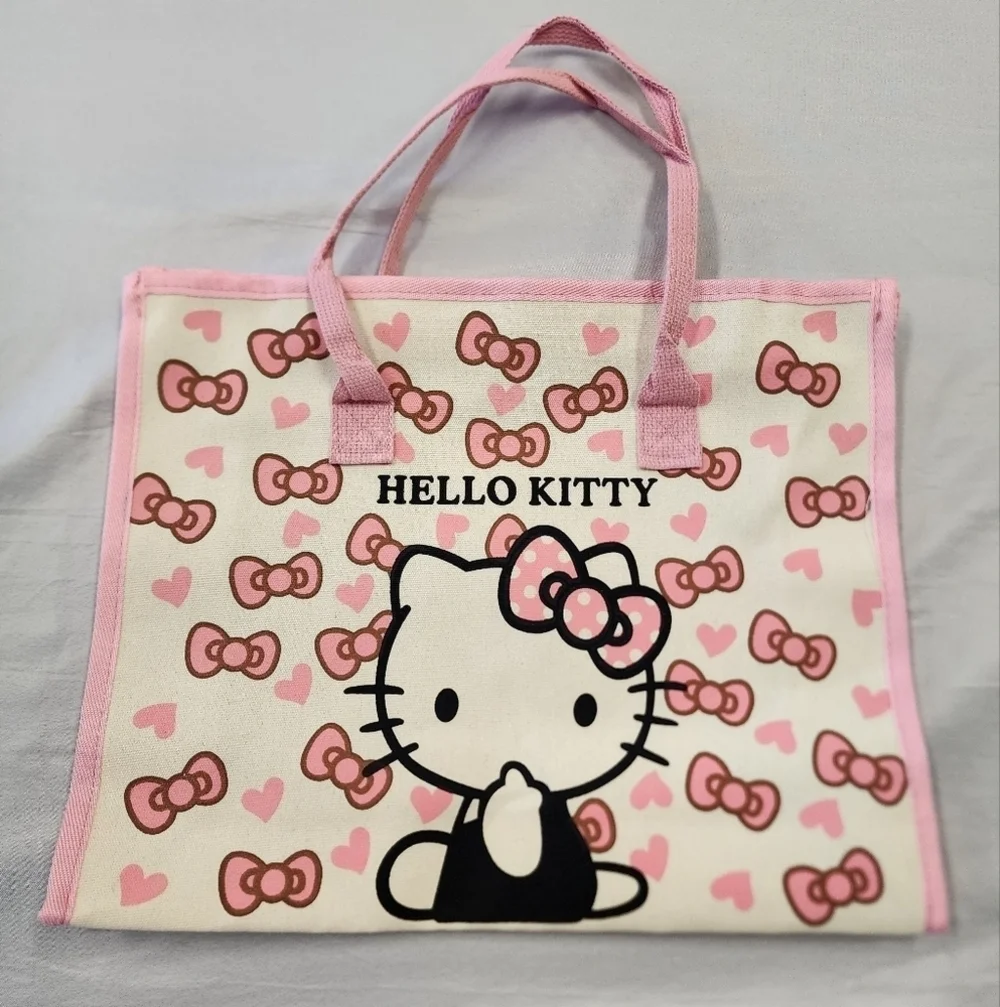 Hello Kitty Canvas Tote Bag Pink Cream Bow Print NWT
